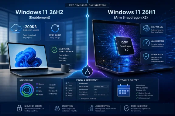 Split-screen graphic comparing Windows 11 26H2 vs 26H1 on ARM Snapdragon X2 with policy and deployment features.