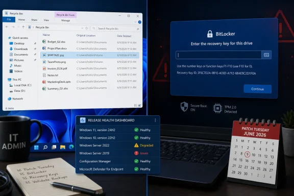 Windows PC desktop shows BitLocker recovery key prompt, Recycle Bin, and Patch Tuesday June 2026. Windows PC desktop shows BitLocker recovery key prompt, Recycle Bin, and Patch Tuesday June 2026.