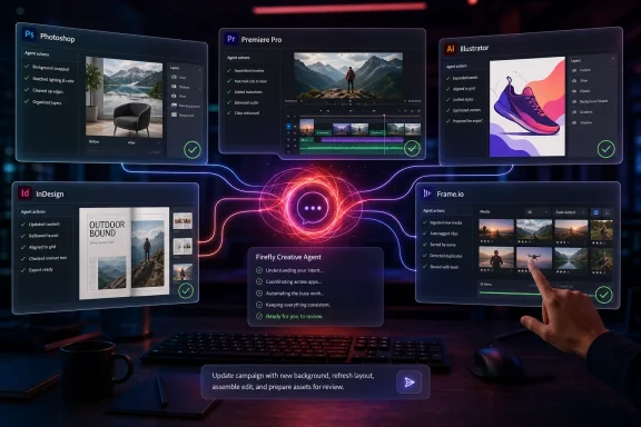 Futuristic creative software interface shows Photoshop, Premiere Pro, Illustrator, and design agents on a desk.