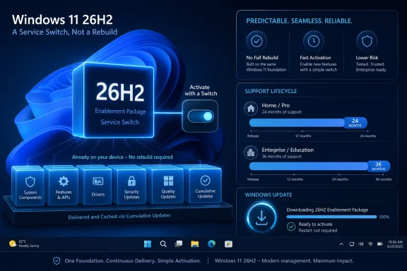 Promotional graphic for Windows 11 26H2 service switch with activation, support lifecycle, and download progress. Promotional graphic for Windows 11 26H2 service switch with activation, support lifecycle, and download progress.
