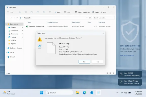 Windows Recycle Bin shows a permanent-delete confirmation dialog for a TMP file. Windows Recycle Bin shows a permanent-delete confirmation dialog for a TMP file.