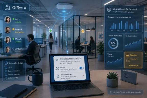 Office workspace with a laptop displaying Wi‑Fi check-in consent and a compliance dashboard overlay. Office workspace with a laptop displaying Wi‑Fi check-in consent and a compliance dashboard overlay.