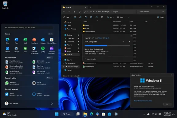 Windows 11 desktop showing File Explorer copying files with a progress window on a blue wallpaper. Windows 11 desktop showing File Explorer copying files with a progress window on a blue wallpaper.