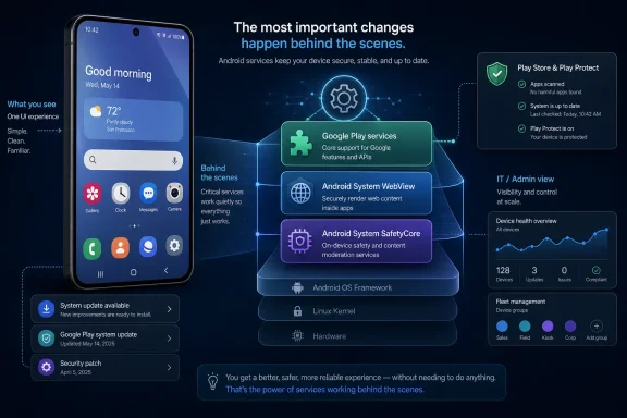 Infographic showing Google Play services and Android system components keeping a phone secure and up to date. Infographic showing Google Play services and Android system components keeping a phone secure and up to date.