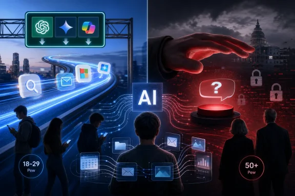 Split-screen shows people facing AI technology with a question mark and cybersecurity warning near a Capitol dome.