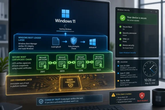 Windows 11 secure boot chain of trust diagram with Windows Security status on a desktop display. Windows 11 secure boot chain of trust diagram with Windows Security status on a desktop display.
