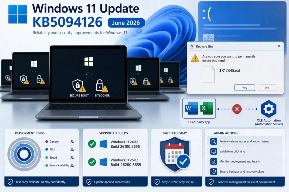 Windows 11 KB5094126 June 2026 update banner with security icons and a recycle bin delete confirmation.