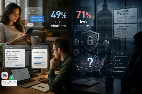 Woman and man use AI chat and analytics overlays about security, privacy, and government regulations. Woman and man use AI chat and analytics overlays about security, privacy, and government regulations.