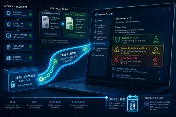 UEFI Secure Boot status screen shows trust chain and “Secure Boot is ON,” with upcoming 2026 certificate timeline. UEFI Secure Boot status screen shows trust chain and “Secure Boot is ON,” with upcoming 2026 certificate timeline.