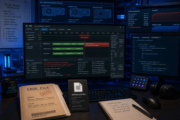 Tech forensics workstation showing GPU debugging dashboards and a “CASE FILE” labeled device removal investigation. Tech forensics workstation showing GPU debugging dashboards and a “CASE FILE” labeled device removal investigation.