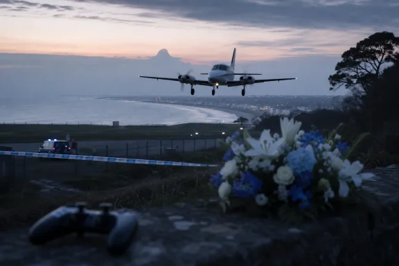 A passenger plane approaches at dusk over a coastal runway, with flowers blurred in the foreground. A passenger plane approaches at dusk over a coastal runway, with flowers blurred in the foreground.