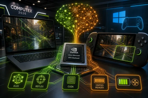 NVIDIA chip display with glowing AI icons, laptops and handheld gaming devices at Computex 2026. NVIDIA chip display with glowing AI icons, laptops and handheld gaming devices at Computex 2026.