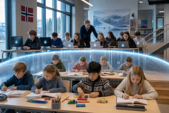 Teacher supervises students using laptops with lock icons in a modern classroom overlooking snowy mountains. Teacher supervises students using laptops with lock icons in a modern classroom overlooking snowy mountains.