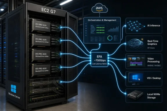 A server rack labeled EC2 G7 connects to AWS services for low-latency AI inference and graphics. A server rack labeled EC2 G7 connects to AWS services for low-latency AI inference and graphics.