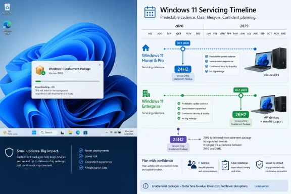 Windows 11 servicing timeline infographic with installation progress for an enablement package (24H2) and device rollout. Windows 11 servicing timeline infographic with installation progress for an enablement package (24H2) and device rollout.