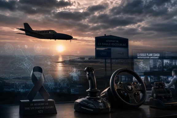 Memorial at an airport control room with a plane silhouetted at sunset and a “La Baule Escoublac” crash alert. Memorial at an airport control room with a plane silhouetted at sunset and a “La Baule Escoublac” crash alert.