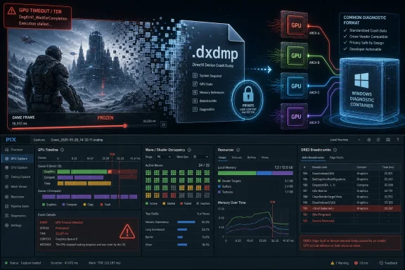 Dashboard screenshot showing a GPU timeout/TDR DirectX crash dump analysis with wave and resource timelines.