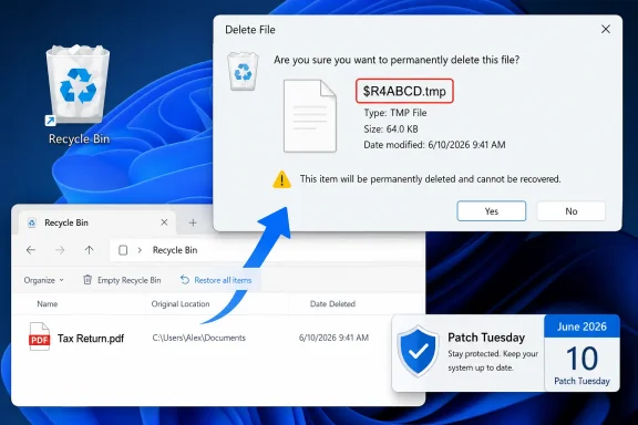 Windows delete confirmation dialog showing permanent removal of a TMP file from Recycle Bin. Windows delete confirmation dialog showing permanent removal of a TMP file from Recycle Bin.