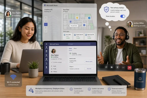 People using a laptop with Microsoft Teams location/privacy features shown in a modern office. People using a laptop with Microsoft Teams location/privacy features shown in a modern office.