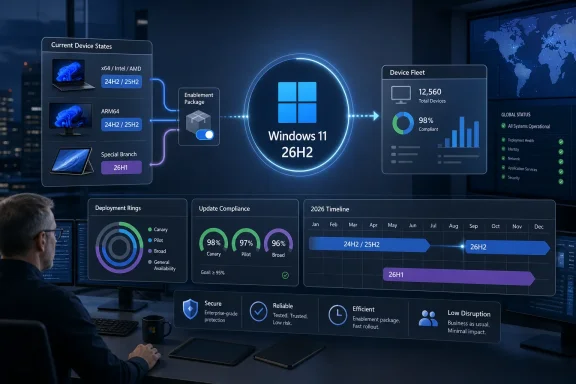 Tech dashboard shows Windows 11 26H2 device update rollout with compliance and timeline metrics. Tech dashboard shows Windows 11 26H2 device update rollout with compliance and timeline metrics.