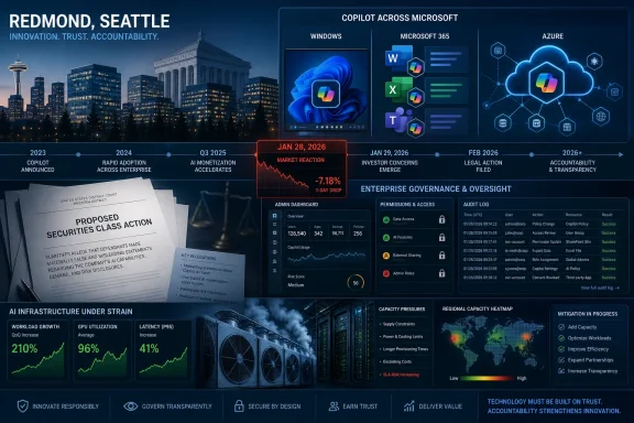 Seattle skyline and Microsoft Copilot-themed dashboard with governance, market drop, and AI infrastructure graphics. Seattle skyline and Microsoft Copilot-themed dashboard with governance, market drop, and AI infrastructure graphics.