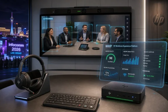 Conference room setup with HP devices showing an AI “framing” video call and live analytics dashboard. Conference room setup with HP devices showing an AI “framing” video call and live analytics dashboard.