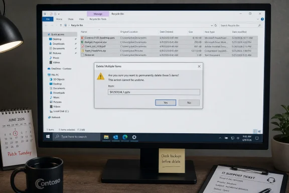 PC monitor shows Windows Recycle Bin with a “Delete Multiple Items” confirmation dialog. PC monitor shows Windows Recycle Bin with a “Delete Multiple Items” confirmation dialog.