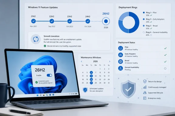 Dashboard showing Windows 11 feature updates and deployment status, with 26H2 enabled on a laptop screen. Dashboard showing Windows 11 feature updates and deployment status, with 26H2 enabled on a laptop screen.