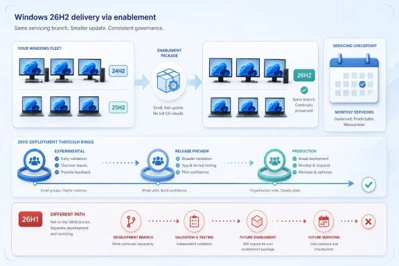 Infographic showing Windows 26H2 enabled delivery with servicing checkpoints and phased rollout rings. Infographic showing Windows 26H2 enabled delivery with servicing checkpoints and phased rollout rings.
