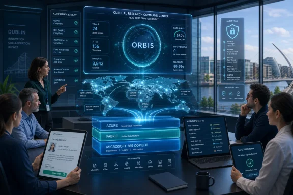 Team reviews an AI “ORBiS” clinical research dashboard with compliance, trial metrics, and audit trail displays.