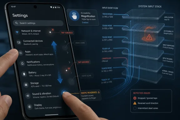 Smartphone settings screen shown with gesture and touch input diagnostics, dead zones, and ignored taps. Smartphone settings screen shown with gesture and touch input diagnostics, dead zones, and ignored taps.