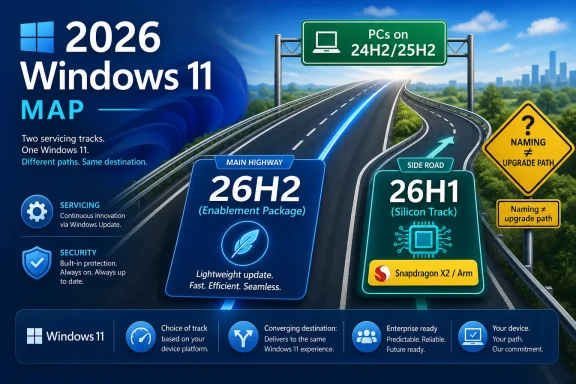 Futuristic highway graphic showing Windows 11 2026 roadmap: 26H2 main track and 26H1 side track. Futuristic highway graphic showing Windows 11 2026 roadmap: 26H2 main track and 26H1 side track.