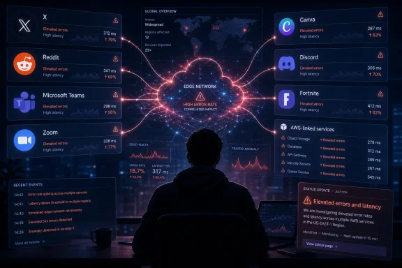 Silhouetted engineer reviews a network outage dashboard showing elevated errors and latency across services. Silhouetted engineer reviews a network outage dashboard showing elevated errors and latency across services.