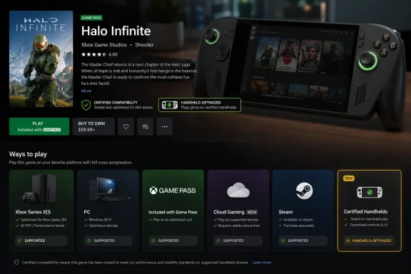 Steam/Console listing for [I]Halo Infinite[/I] on a handheld, showing Game Pass and “Certified Handhelds” compatibility options.