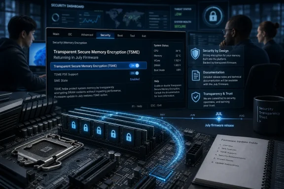 Security dashboard shows “Transparent Secure Memory Encryption (TSME)” enabled on a server-style computer screen. Security dashboard shows “Transparent Secure Memory Encryption (TSME)” enabled on a server-style computer screen.