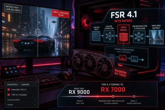 Futuristic PC setup showcasing AMD FSR 4.1 upscaling for Radeon RX 7000 and RX 9000 in a cyber city scene.