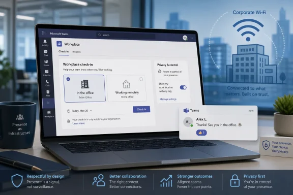 Laptop screen shows Microsoft Teams “Workplace check-in” with corporate Wi‑Fi and privacy messaging.