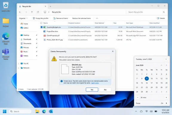 Windows Recycle Bin showing a “Delete Permanently” confirmation dialog for an XLSX file. Windows Recycle Bin showing a “Delete Permanently” confirmation dialog for an XLSX file.