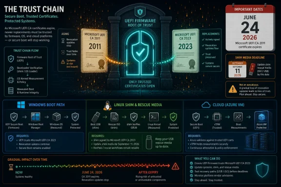 Infographic showing UEFI secure boot trust chain timeline, certification expiry on June 24, 2026, and update guidance.