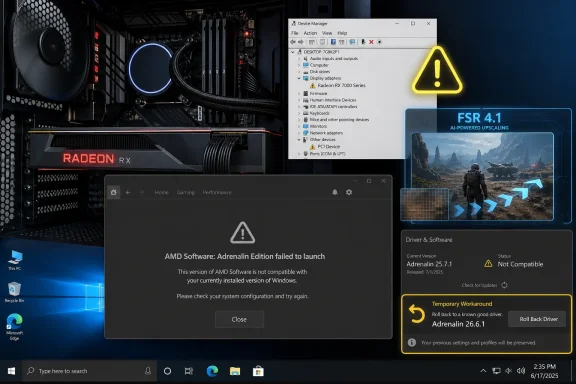 PC setup with AMD Radeon RX 7000, showing Device Manager warning and “AMD Software: Adrenalin failed to launch.”