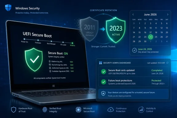 Windows Security dashboard shows UEFI Secure Boot verified, certificate rotation to 2023 and June 2026 timeline. Windows Security dashboard shows UEFI Secure Boot verified, certificate rotation to 2023 and June 2026 timeline.