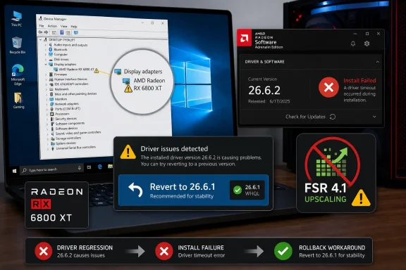 AMD Radeon driver update fails with “driver timeout,” recommending rollback to 26.6.1 for stability. AMD Radeon driver update fails with “driver timeout,” recommending rollback to 26.6.1 for stability.