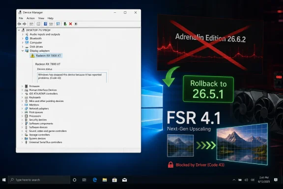 Device Manager shows Radeon RX 7800 XT blocked (Code 43) with rollback option to Adrenalin 26.5.1. Device Manager shows Radeon RX 7800 XT blocked (Code 43) with rollback option to Adrenalin 26.5.1.