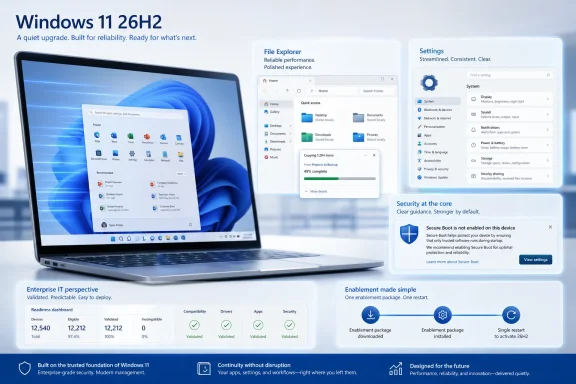 Promotional graphic showing Windows 11 26H2 on a laptop with settings, file transfer and security panels. Promotional graphic showing Windows 11 26H2 on a laptop with settings, file transfer and security panels.