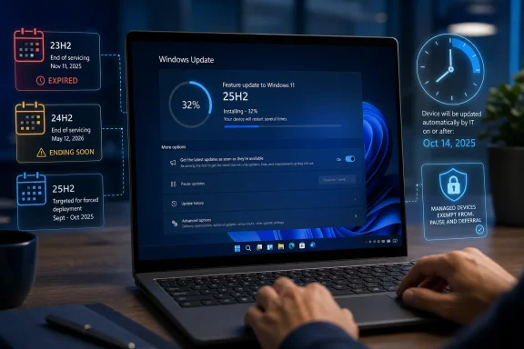 Laptop shows Windows Update feature installing 25H2, with IT servicing timelines and update status graphics. Laptop shows Windows Update feature installing 25H2, with IT servicing timelines and update status graphics.