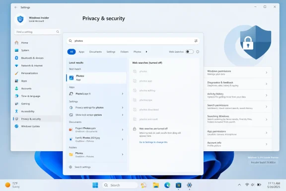 Windows 11 Privacy & security settings screen showing search and photo privacy options. Windows 11 Privacy & security settings screen showing search and photo privacy options.