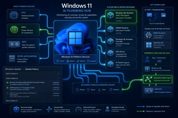 Infographic showing Windows 11 AI Plumbling Hub for distributing runtimes and drivers across CPU, NPU, and GPU. Infographic showing Windows 11 AI Plumbling Hub for distributing runtimes and drivers across CPU, NPU, and GPU.
