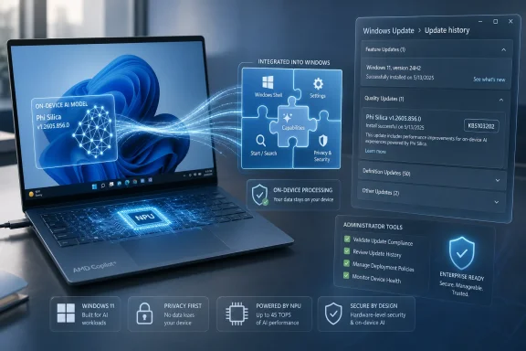 Laptop displaying Windows Update history alongside on-device AI security features and NPU processing visuals. Laptop displaying Windows Update history alongside on-device AI security features and NPU processing visuals.