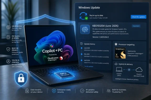 Windows Update screen shows KB5103204 (June 2026) with Copilot+PC Qualcomm Snapdragon AI features. Windows Update screen shows KB5103204 (June 2026) with Copilot+PC Qualcomm Snapdragon AI features.