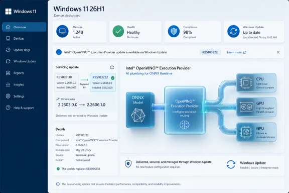 Windows 11 26H1 device dashboard shows Healthy compliance and an Intel OpenVINO Execution Provider update. Windows 11 26H1 device dashboard shows Healthy compliance and an Intel OpenVINO Execution Provider update.